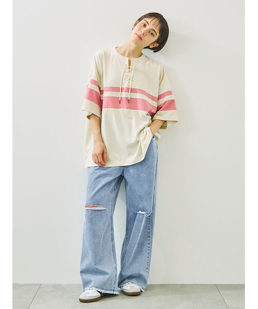 [接触冷感]編み上げラインTシャツ