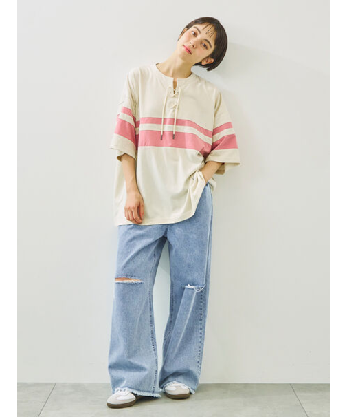 [接触冷感]編み上げラインTシャツ