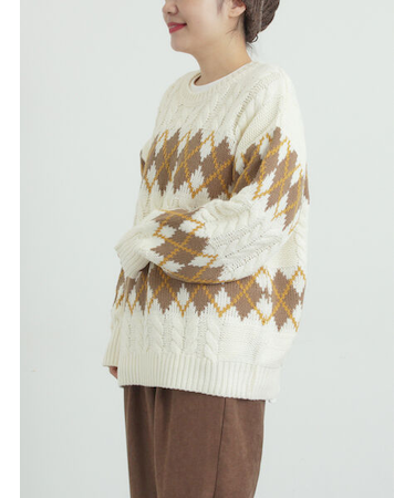 ケーブルアーガイル柄ニット