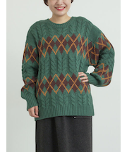 ケーブルアーガイル柄ニット