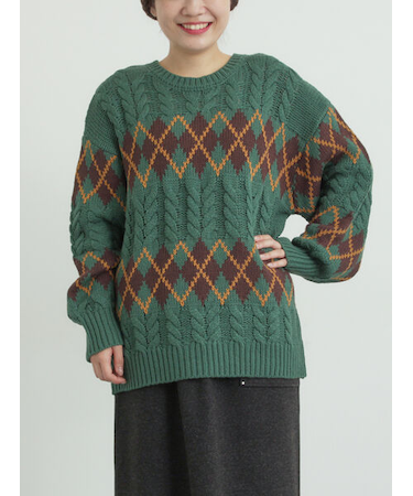 ケーブルアーガイル柄ニット