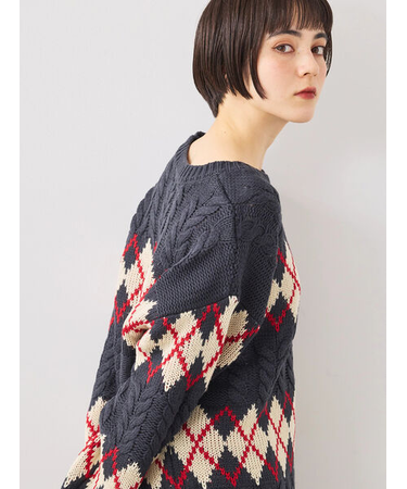 ケーブルアーガイル柄ニット