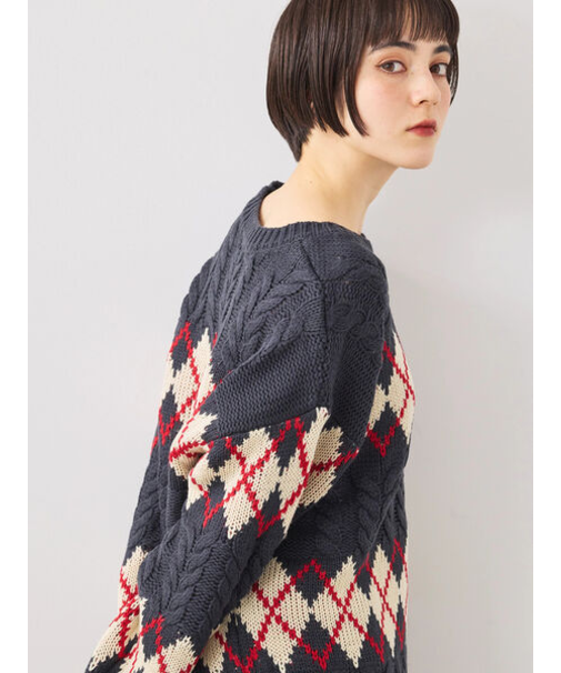 ケーブルアーガイル柄ニット