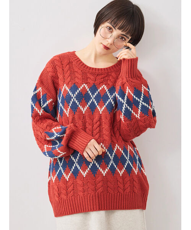 ケーブルアーガイル柄ニット