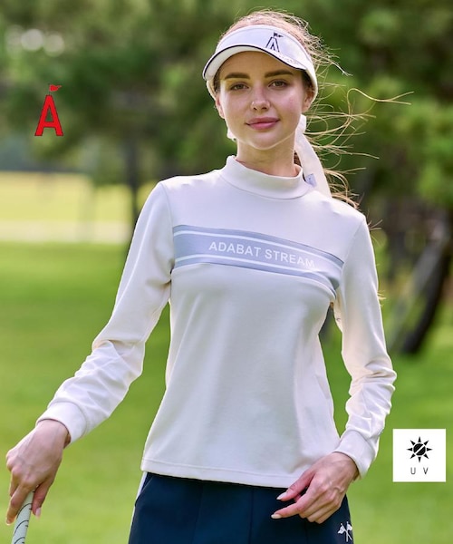 【美品】adabat stream モックネックトップス　レディース M UVカット】フロントロゴモックネックT｜アダバットストリームの通販