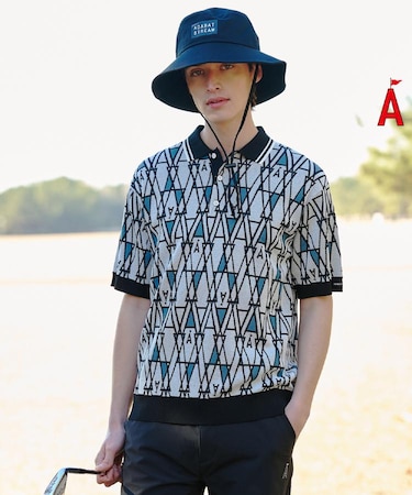 ジオメットリック半袖ポロニット