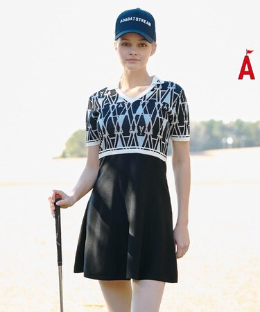 ジオメトリックニットポロワンピース