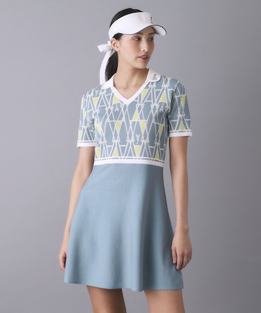 ジオメトリックニットポロワンピース