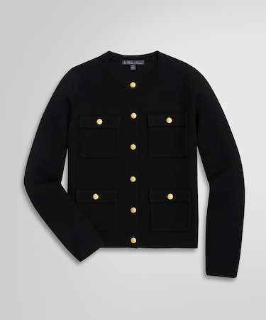 ロングスリーブ ミラノリブ ゴールドボタン ノーカラーニットジャケット