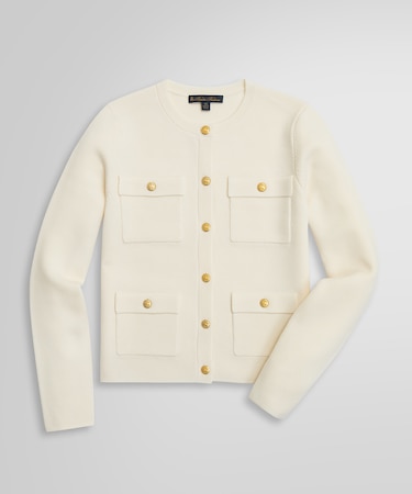 ロングスリーブ ミラノリブ ゴールドボタン ノーカラーニットジャケット