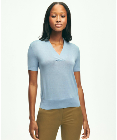 シルク/レーヨン ショールカラー ショートスリーブセーター