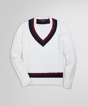 スーピマコットン ケーブル Vネックテニスセーター