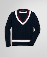 スーピマコットン ケーブル Vネックテニスセーター