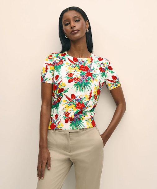 コットン　フラワープリント　クルーネック　ショートスリーブセーター