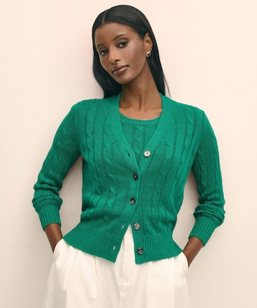 リネン　ケーブル　Vネックカーディガン