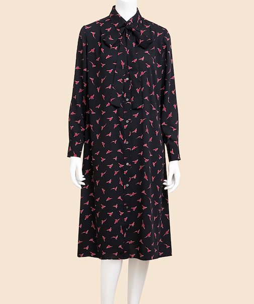 ポリエステル フェザントプリント ソフトシャツワンピース
