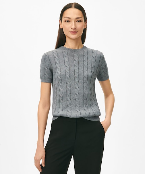 スーピマコットン ケーブル クルーネック ショートスリーブセーター