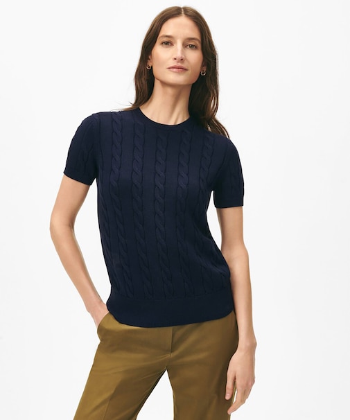 スーピマコットン ケーブル クルーネック ショートスリーブセーター