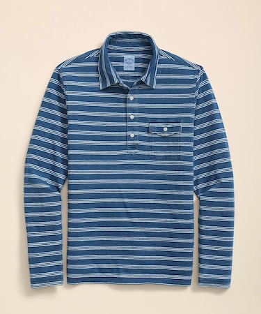 コットンジャージー インディゴ トリプルストライプ ロングスリーブ ポロシャツ