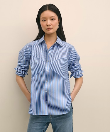 コットンポプリン　フロントパッチワーク　ストライプシャツ