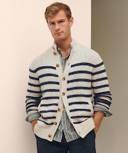 コットン/リネン マリナーストライプ モックネックカーディガン