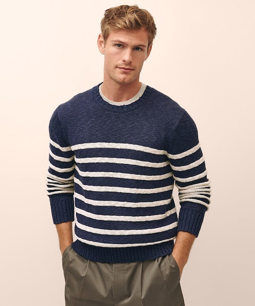 コットン/リネン マリナーストライプ クルーネックセーター