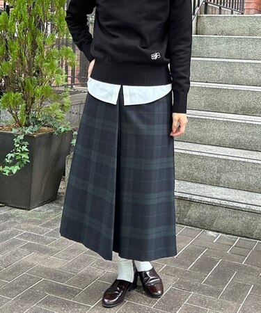 ウール／ポリエステル　ブラックウォッチ　ミディスカート