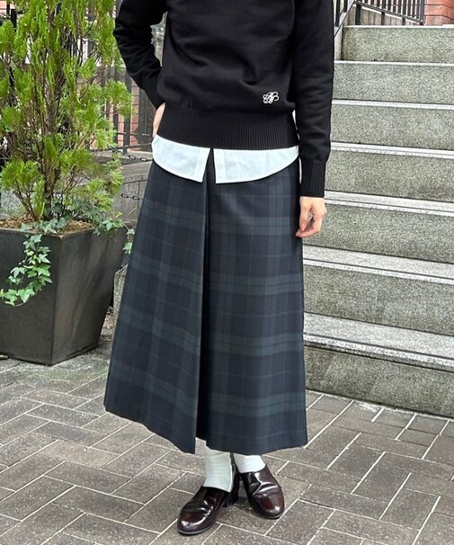 ウール／ポリエステル　ブラックウォッチ　ミディスカート