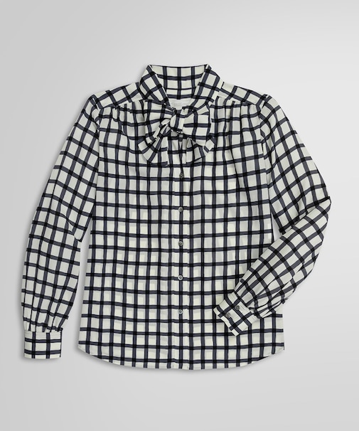 ポリエステル チェックプリント ソフトボウタイブラウス