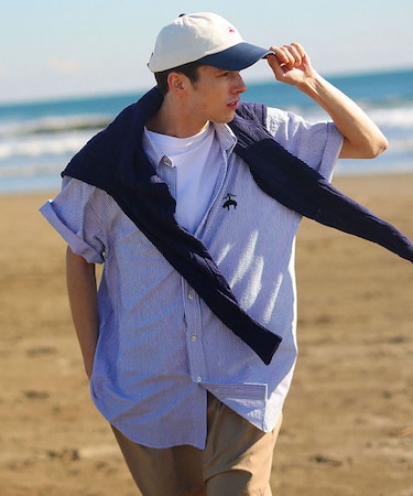 ◆オンラインストア限定◆コットン ビッグGFロゴ シアサッカー ショートスリーブ カジュアルシャツ Traditional Fit