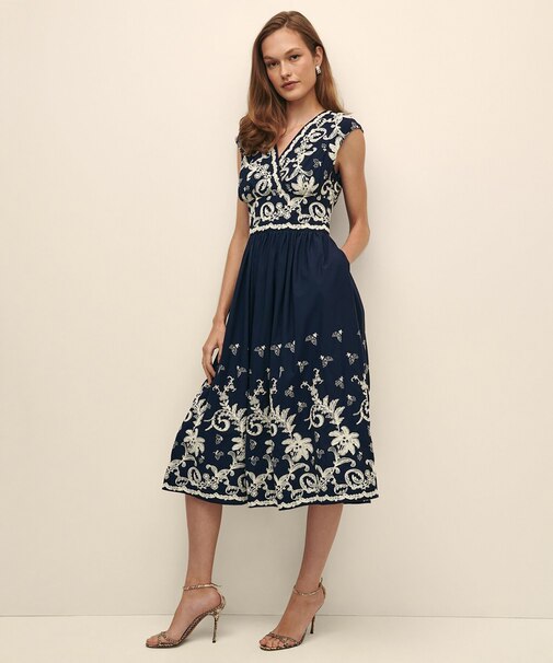 コットンボイル ボタニカルエンブロイダリー フレアワンピース