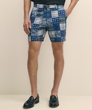 コットン　マドラスパッチワーク　プレーンフロント　7inショーツ