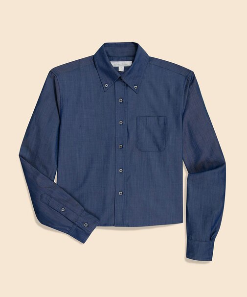 ポリエステル/レーヨン シャンブレー クロップド ボタンダウンシャツ