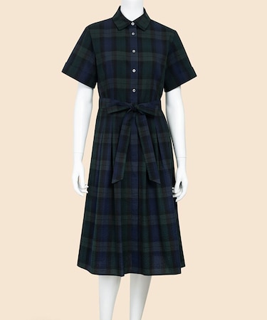 コットン　シアサッカー　チェック　ショートスリーブ　シャツワンピース