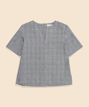 リネン／コットン　グレンチェック　バックボタン　プルオーバーブラウス