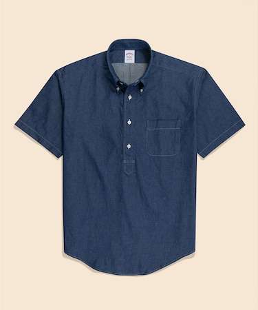 コットン　デニム　ショートスリーブ　プルオーバーシャツ