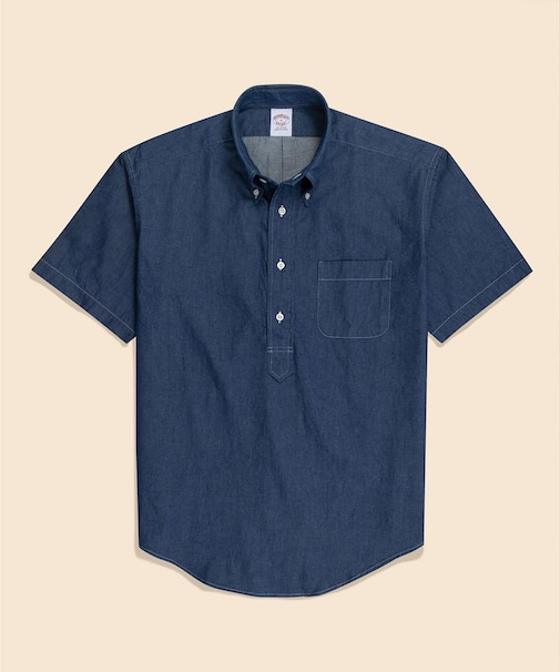 コットン　デニム　ショートスリーブ　プルオーバーシャツ