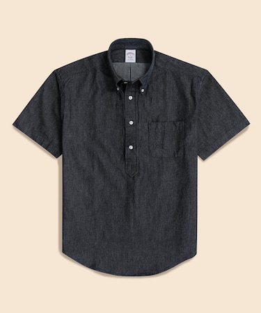 コットン　デニム　ショートスリーブ　プルオーバーシャツ