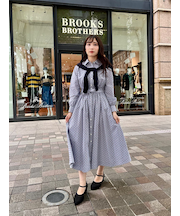 コットン　ストライプ　クリップドット　ベルテッドシャツワンピース