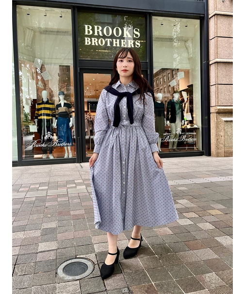 コットン ストライプ クリップドット ベルテッドシャツワンピース