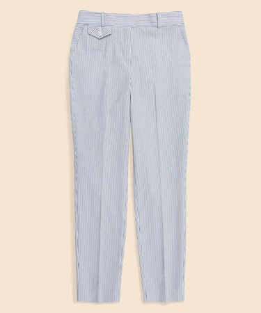 コットン シアサッカーストライプ プレーンフロント クロップドパンツ
