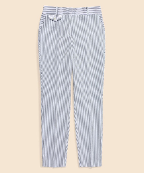 コットン シアサッカーストライプ プレーンフロント クロップドパンツ