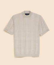 リネン　ストライプ　モックネック　ショートスリーブセーター