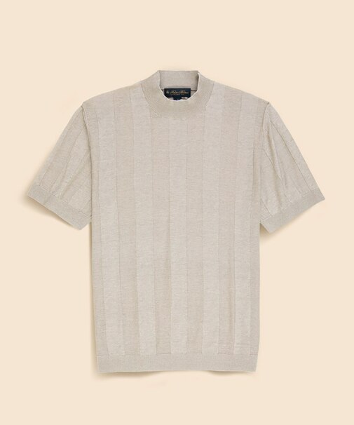 リネン ストライプ モックネック ショートスリーブセーター