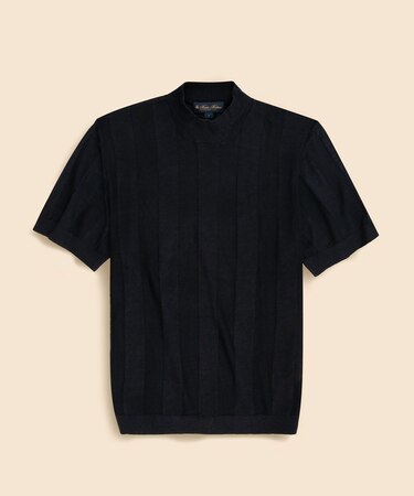 リネン ストライプ モックネック ショートスリーブセーター