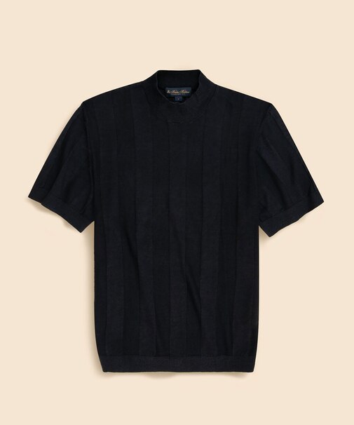 リネン ストライプ モックネック ショートスリーブセーター