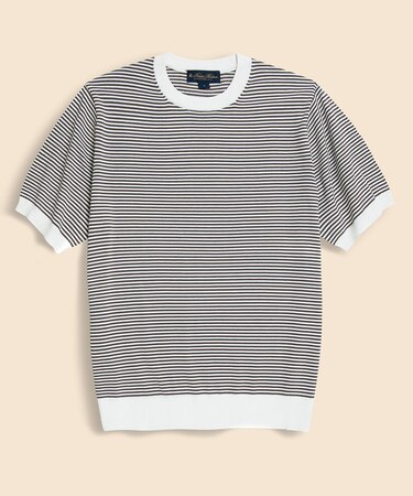 コットン/シルク ストライプ クルーネック ショートスリーブセーター