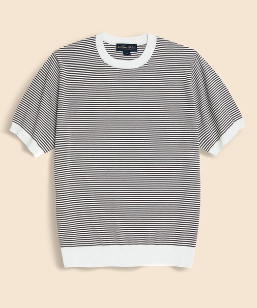 コットン/シルク ストライプ クルーネック ショートスリーブセーター