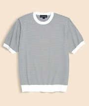 コットン／シルク　ストライプ　クルーネック　ショートスリーブセーター