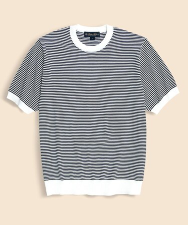 コットン/シルク ストライプ クルーネック ショートスリーブセーター